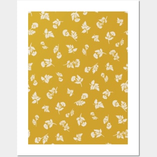 Cream Ditsy Hemlock Print on Mustard Yellow -  Floral Repeat Pattern Posters and Art